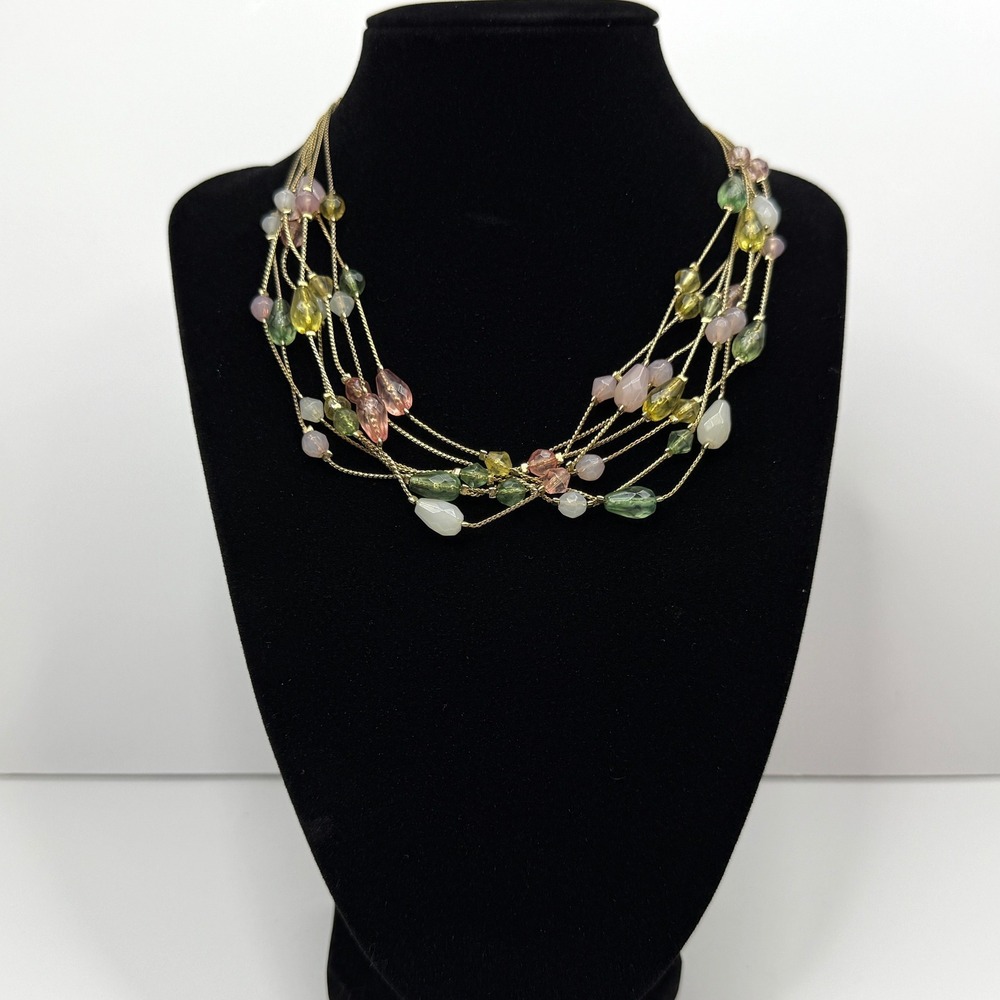 Multi Strand Layered Necklace Pastel Acrylic Beaded Gold Tone Chain Jewelry 16in